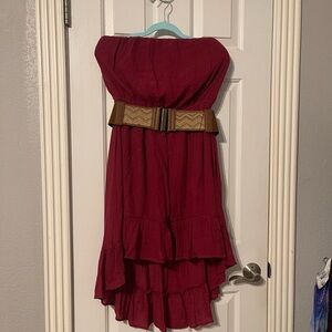 Red Strapless Dress with Brown Belt